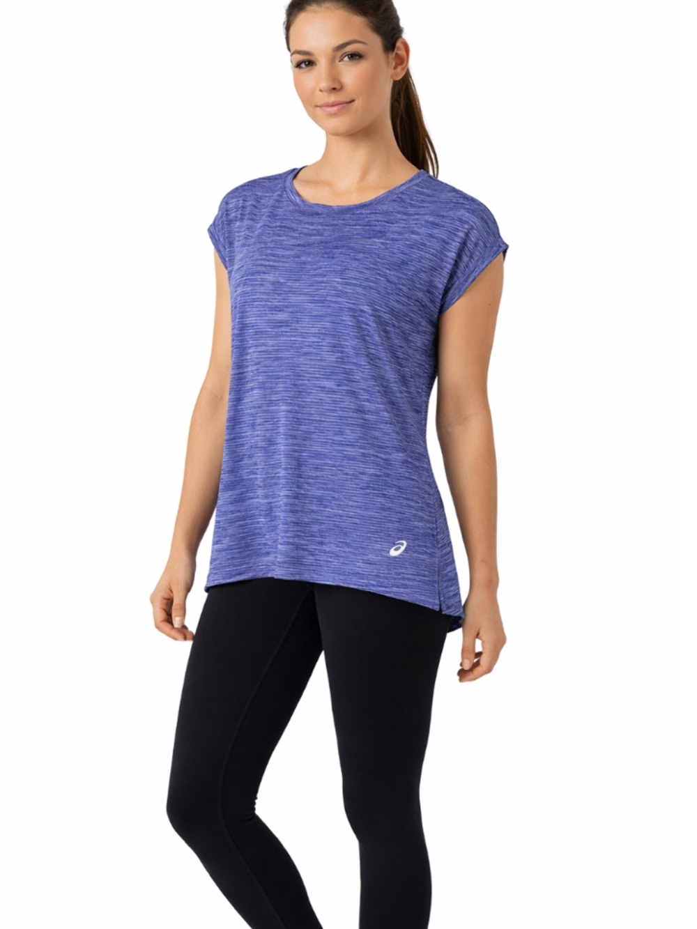 ASICS Blue Heather Open Back Workout Tee Cap Sleeve Active Top Size Large